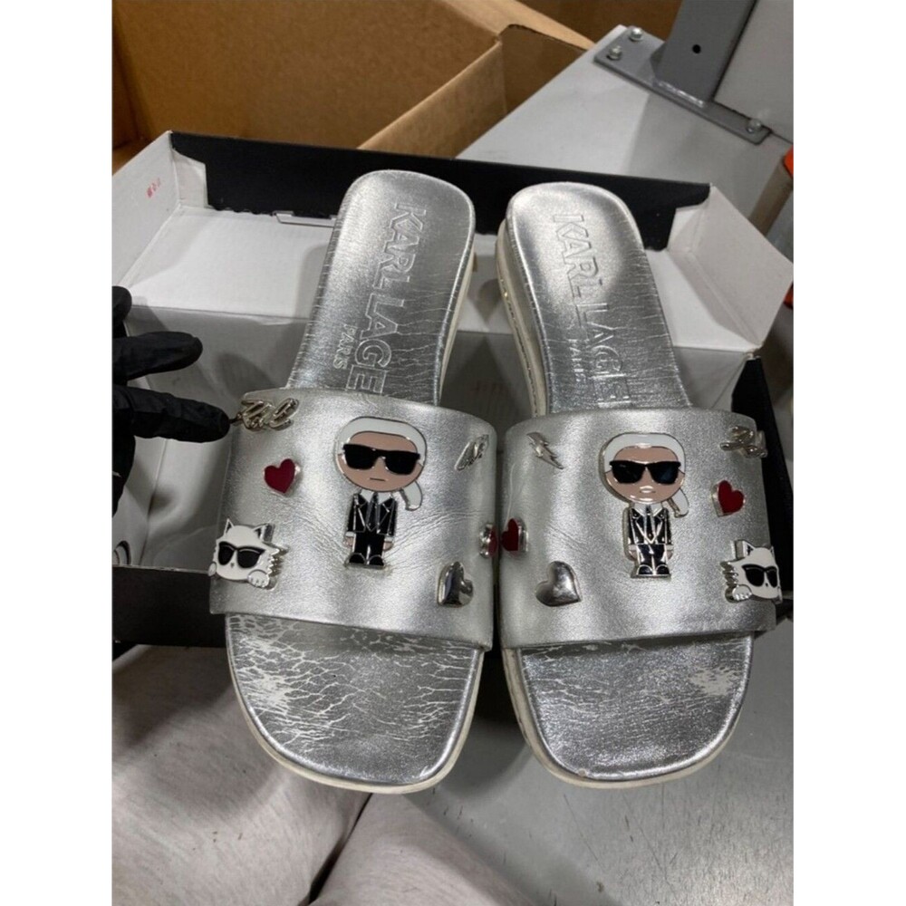 Karl Lagerfeld Paris Silver Choupette Cat Rhinestone Slides Sandals Women's 9